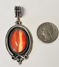 Vintage Sterling Silver LARGE Enhancer Or Pendant With A Fun ORANGE Cats Eye Style STONE!!  LOVE SUMMER!!!