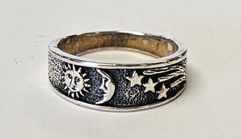 Vintage Sterling Silver CELESTIAL Sun Moon And Star Band With ANTIQUING  SIZE 8