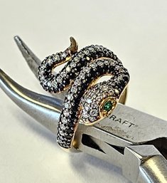 Vintage 14K Yellow Gold Plated Sterling Silver WHITE And BLACK Cubic Zirconia SNAKE Ring With GREEN Eyes!