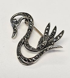 Vintage Sterling Silver Marcasite SWAN Lapel Brooch/Pin