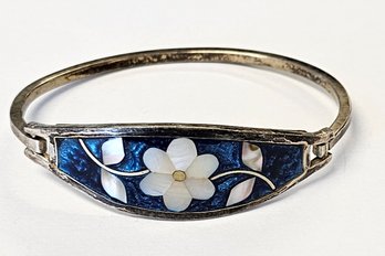 Vintage Alpaca Mexican Silver ENAMEL Bangle CUFF Bracelet With Mother OF Pearl Flowers