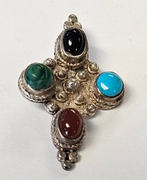 Vintage Sterling Silver ONYX, TURQUOISE, CARNELIAN And MALACHITE Cabochon Pendant