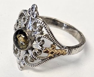 Vintage Sterling Silver FILIGREE Ring With FLOWER Under Resin Center And 10K Yellow Gold CROSSES SIZE 8