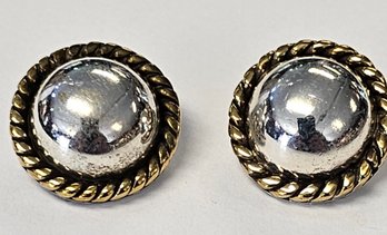 Vintage Sterling Silver High Polish DOME Clip Earrings With BRASS Rope EDGE