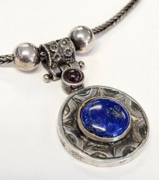 Vintage Sterling Silver LAPIS And GARNET Handmade Necklace On A Square FOXTAIL Chain 17 Inches