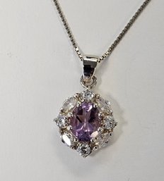 Vintage Sterling Silver AMETHYST And Cubic Zirconia Oval Necklace  ROUND And MARQUISE SIDE STONES