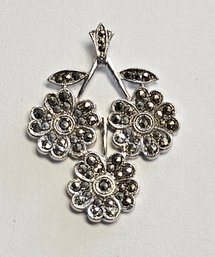 Vintage Sterling Silver BRIGHT MARCASITE  Triple Flower Pendant