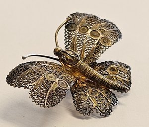 Gorgeous Vintage FILIGREE Silver BUTTERFLY Pin With Gold WASH From The 1940's