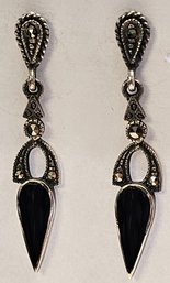 Vintage Sterling Silver BLACK ONYX And Marcasite STILLETTO Drop Earrings