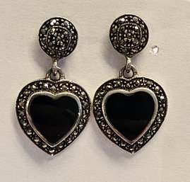 Vintage Sterling Silver Onyx And Marcasite DANGLING HEART Earrings