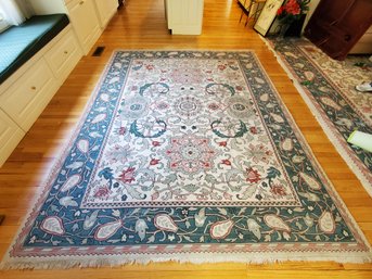 Vintage Large Hand Knotted Fringed Area Rug - Teal, Green, Pink, Beige, Red Floral Design