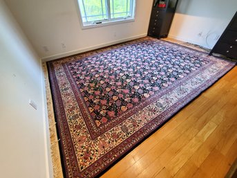 Large Fringed Wool Area Rug - Floral Pattern Black, Reds, Pinks And More