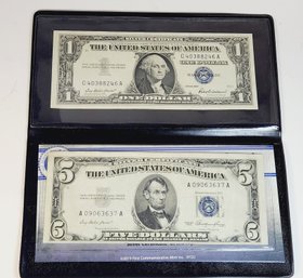 1953  Blue Seal $5 Bill & 1957 Blue Seal $1  Silver Cert. Dollar Bills In Folder With Info/history