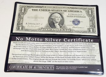 'No Motto' 1935 Blue Seal Silver Certificate $1 Bill Note In Folder With History / Info COA