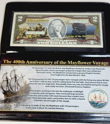 400th Anniversary Mayflower Colorized Coin And $2 Dollar Bill / Note In Folder With History / Info