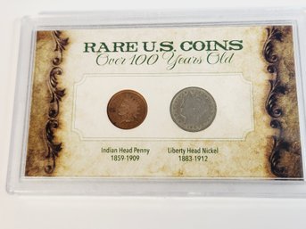 ' RARE US Coins  Over 100 Years Old' 2 Coin Set  1907 Liberty Head Nickel / 1900 Indian Head Cent