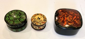 Set Of Three Trinket Boxes The Largest Is Laminated From Eastern Europe The Smallest Is Handpainted Pottery