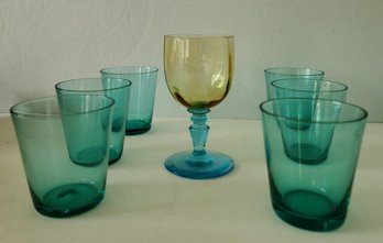 Six MCM Teal Blue Juice Glasses And Small Amber Goblet
