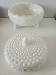 White Hobnail Mlk Glass Of Covered Bowl And Large Footed BoqlHobnail