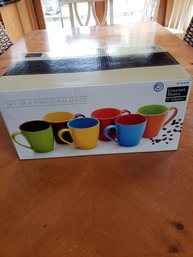 Set Of Six Colorful Porcelain Mugs