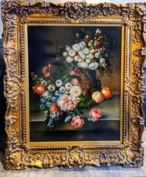 Large Floral Still Life In Exquisite Vintage Gilded Wood Frame That Is Worth $500 (Painting Is A Reproduction)