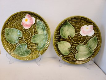 Two Wonderful French Sarregumines Majolica Water Lilly Pond Plates