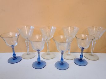 Small Liquor Blue Stemmed Glasses And 4 Crystal  Champagne Glasses