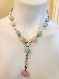 Stylish Lariat Sterling Silver, Amazonite, Rose Quartz & Faceted Rock Crystal Necklace