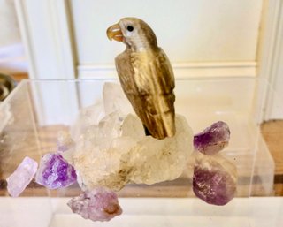 Carved Stone Eagle Perched On A Crystal Rock Paired With Crystal Amethysts