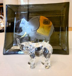 Glass Elephant Tray Or Trinket Dish Paired With Cut Crystal Elephant Stamped By Waterford