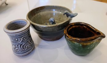 Trio Of Ceramic Pieces Including Bowl With Birds