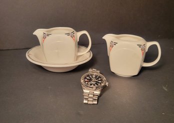 Albalite Of England Double Creamer And Small Dish.             - - - - - - - -- - - Loc:GS3