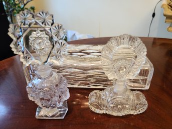 Two Vintage Crystal Perfume Bottles Paired With Crystal Box