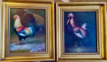 Pair Of Paintings Of Rooster And Hen, Signed Illegibly