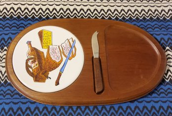 Vintage Wooden Cheese Board With Porcelain Board And Knife