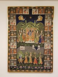 Vintage Hand Painted India Hindu God Shrinathji Painting India Cloth Textile Artwork - Framed