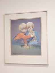 Adorable 1991 Framed Pastel Art Two Children & Rabbit Entitled The Pet By Rosalind Klein Tobin