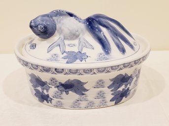 Vintage Blue And White Porcelain Koi Fish Lidded Casserole Dish