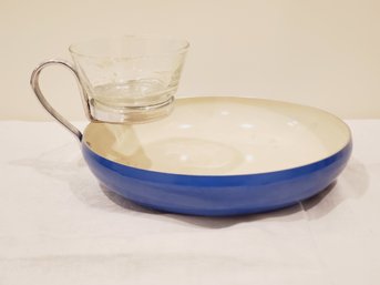 Vintage Royal Blue Enamelware Pan With Clear Cup - Shrimp Or Dip Set