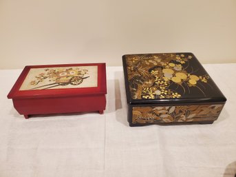 Vintage Japanese Chokin Metalwork Wood & Plastic Lacquer Painted Jewelry Boxes