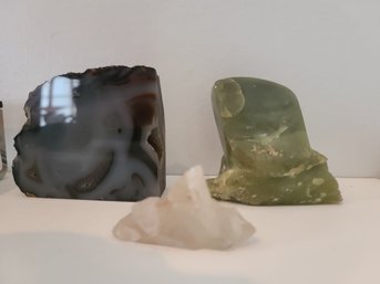 Three Rough Cut Stones - Agate, Crystal And Alabaster Or Jade?