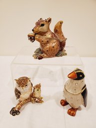 Three Enamel Bejeweled Figural Animal Hinged Trinket Boxes - Penquin, Owl & Squirrel