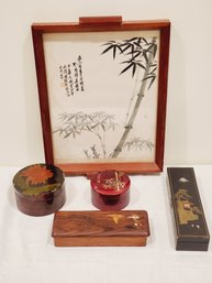 Assortment Of Vintage Chinese & Japanese Inlaid & Painted Wood & Lacquer Trays & Boxes