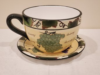 Giant Sized Pottery Cup & Saucer Planter By Baum Bros Style-Eyes Grape Writing