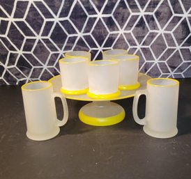 MCM Yellow Lined Drinkware And Serving Pedestal.  Frosted Glass. -     - - - - - - - - - Loc:GS3