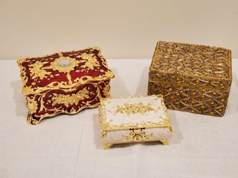 Trio Of Enameled Bejeweled And Beaded Jewelry Trinket Boxes