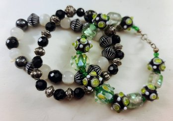 Trio Of Green And Black Beaded Bracelets