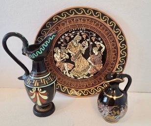 One 24k Enamel Vase And One Terra-cotta Vase - Hand Painted By D. Vassilopoulos Plus Greek Mythogical Plate-