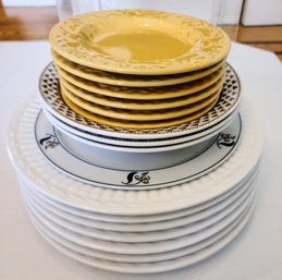 Seven White Ceramic Dinner Plates Plus Dansk , Ironstone Bowls And Signature Tuscan Gold Bread Plates