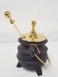 Black Cast Iron & Brass Fire Starter Lidded Pot With Pumice Wand